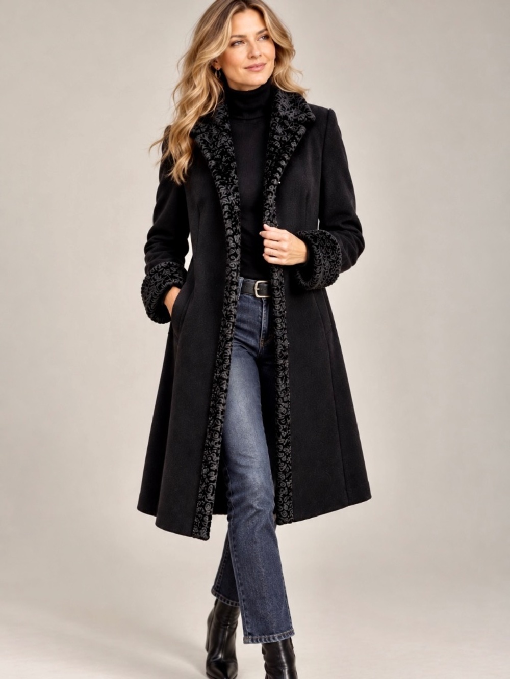 Nicole Miller Black Long Coat with Textured Trim